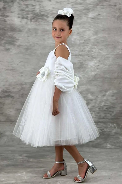 Kız Çocuk Kare Yaka Sıfır Kol Eteği Tüllü Kabarık Saten Kolluk Detaylı Beyaz Abiye - Resim 3