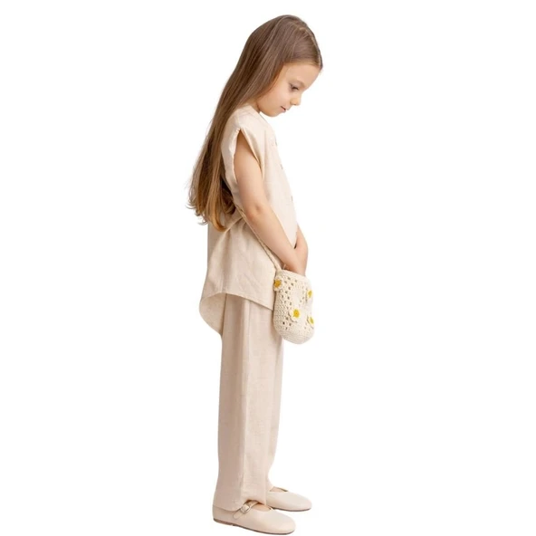 Fiyonklu Nakışlı Keten Kız Çocuk Gömlek Naturel - 3