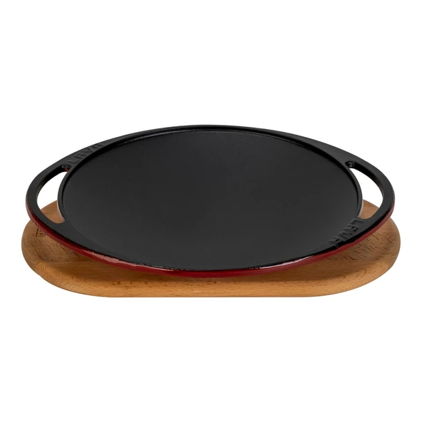 Lava Döküm Yuvarlak Saç Kavurma Tavası Döküm Demir Yekpare Çift Kulplu Kayın Servis Ahşabı Çap(Ø)28cm.-Bordo ürün görseli