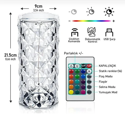 Kristal Elmas Led Dokunmatik Şarjlı Kumandalı Masa Lambası RGB - Resim 2