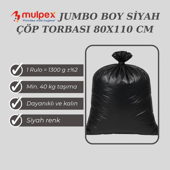 Mulpex Jumbo Boy Siyah Çöp Torbası 80x110 cm – 1 Rulo (1300 g ±%2) Dayanıklı ve Kalın, Ağır Hizmet Geri Dönüşüm - Resim 2