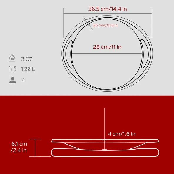 Lava Döküm Yuvarlak Saç Kavurma Tavası Döküm Demir Yekpare Çift Kulplu Kayın Servis Ahşabı Çap(Ø)28cm.-Bordo - Resim 5