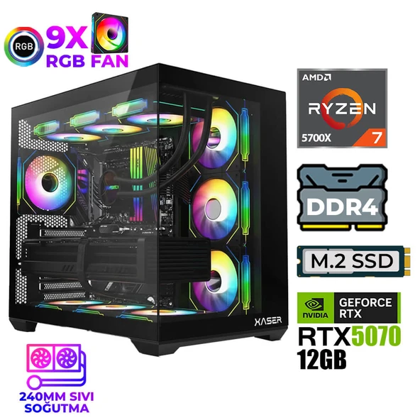 Xaser Master x5 Ryzen 7 5700X 32GB Ram 1TB M.2 NVMe SSD 12GB RTX5070 Sıvı Soğutmalı Oyuncu Bilgisayarı ürün görseli