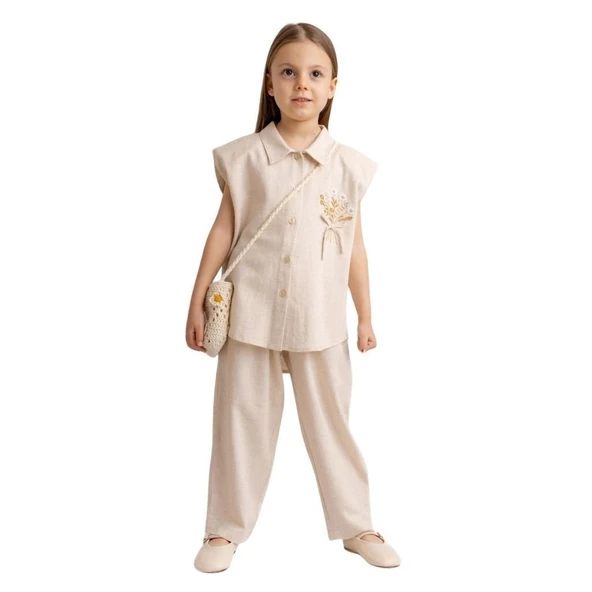 Fiyonklu Nakışlı Keten Kız Çocuk Gömlek Naturel
