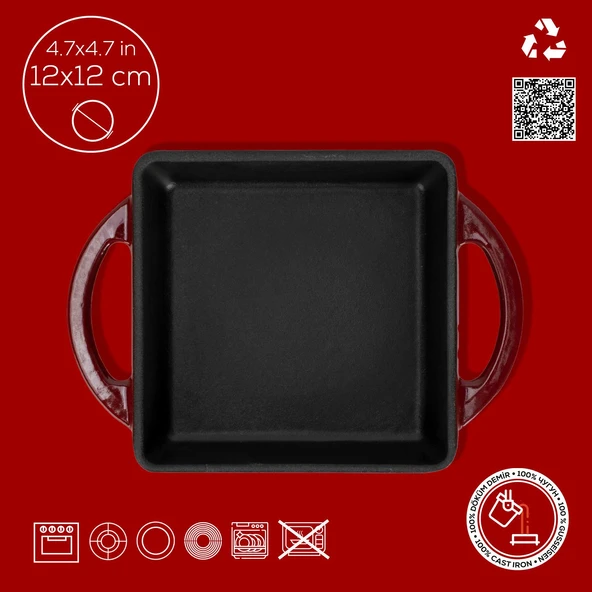 Lava Döküm Kare Sahan Döküm Demir Yekpare Çift Kulplu Ölçü 12x12cm.-Bordo - Resim 4