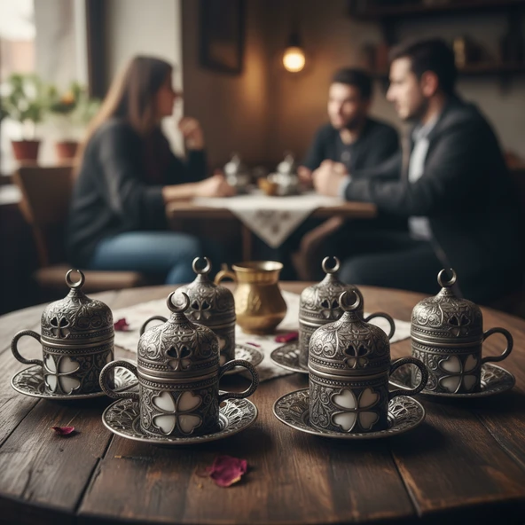 Yonca Desenli 6 Kişilik Porselenli Kapaklı 24 Parça Kalay Renk Fincan Seti