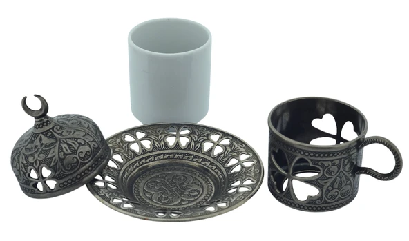 Yonca Desenli 6 Kişilik Porselenli Kapaklı 24 Parça Kalay Renk Fincan Seti - 7