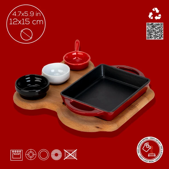 Lava Döküm Dikdörtgen Sahan Döküm Demir Yekpare Çift Kulplu Kayın Servis Ahşabı Ölçü 12x15cm. (Sos kapları dahil değildir.)-Bordo - Resim 4