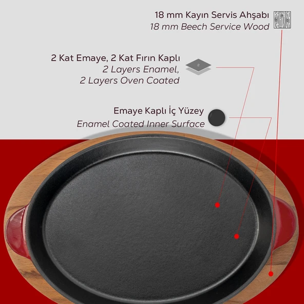 Lava Döküm Oval Fajita Tabağı Döküm Demir Yekpare Çift Kulplu Kayın Servis Ahşabı Ölçü 18x24cm.-Bordo - Resim 6