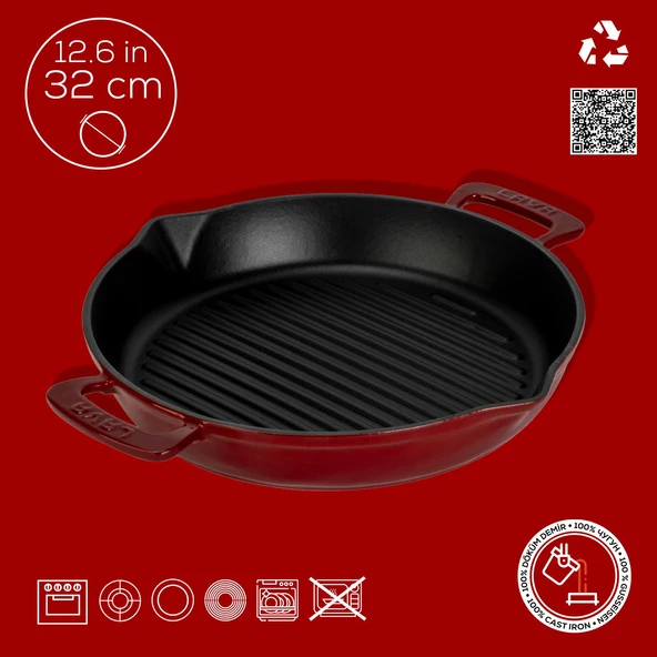 Lava Döküm Yuvarlak Izgara Tavası Döküm Demir Yekpare Çift Kulplu Çap(Ø)32cm.-Bordo - Resim 4