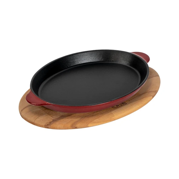 Lava Döküm Oval Fajita Tabağı Döküm Demir Yekpare Çift Kulplu Kayın Servis Ahşabı Ölçü 18x24cm.-Bordo - Resim 2