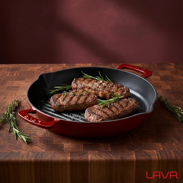 Lava Döküm Yuvarlak Izgara Tavası Döküm Demir Yekpare Çift Kulplu Çap(Ø)32cm.-Bordo - Resim 7