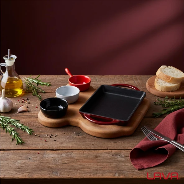 Lava Döküm Dikdörtgen Sahan Döküm Demir Yekpare Çift Kulplu Kayın Servis Ahşabı Ölçü 12x15cm. (Sos kapları dahil değildir.)-Bordo - Resim 7