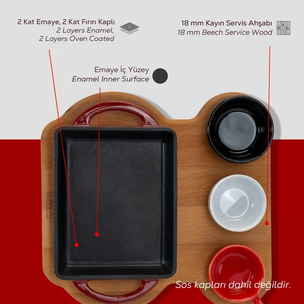 Lava Döküm Dikdörtgen Sahan Döküm Demir Yekpare Çift Kulplu Kayın Servis Ahşabı Ölçü 12x15cm. (Sos kapları dahil değildir.)-Bordo - Resim 6