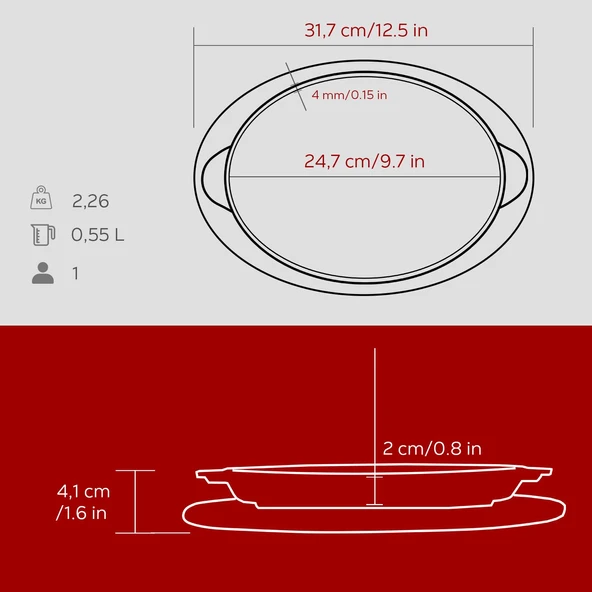 Lava Döküm Oval Fajita Tabağı Döküm Demir Yekpare Çift Kulplu Kayın Servis Ahşabı Ölçü 18x24cm.-Bordo - Resim 5
