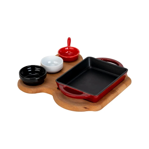 Lava Döküm Dikdörtgen Sahan Döküm Demir Yekpare Çift Kulplu Kayın Servis Ahşabı Ölçü 12x15cm. (Sos kapları dahil değildir.)-Bordo - Resim 2