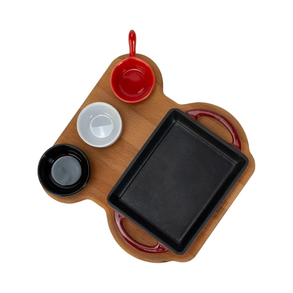 Lava Döküm Dikdörtgen Sahan Döküm Demir Yekpare Çift Kulplu Kayın Servis Ahşabı Ölçü 12x15cm. (Sos kapları dahil değildir.)-Bordo - Resim 3