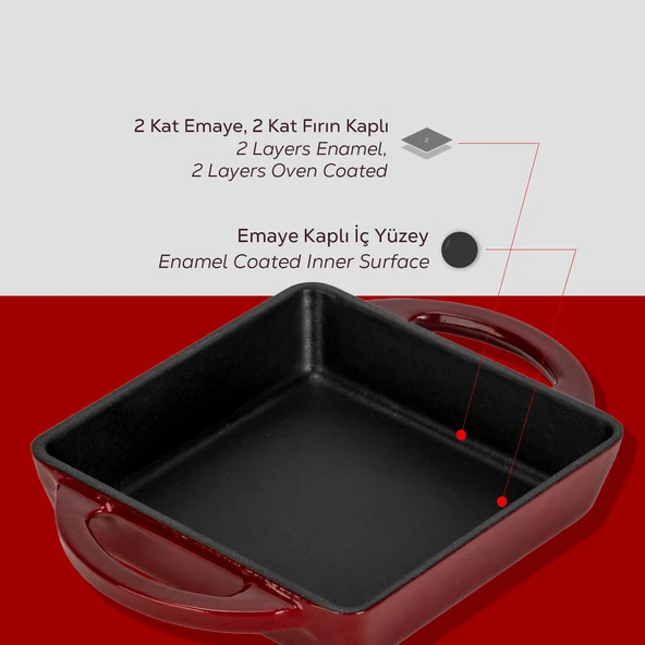Lava Döküm Kare Sahan Döküm Demir Yekpare Çift Kulplu Ölçü 12x12cm.-Bordo - Resim 6