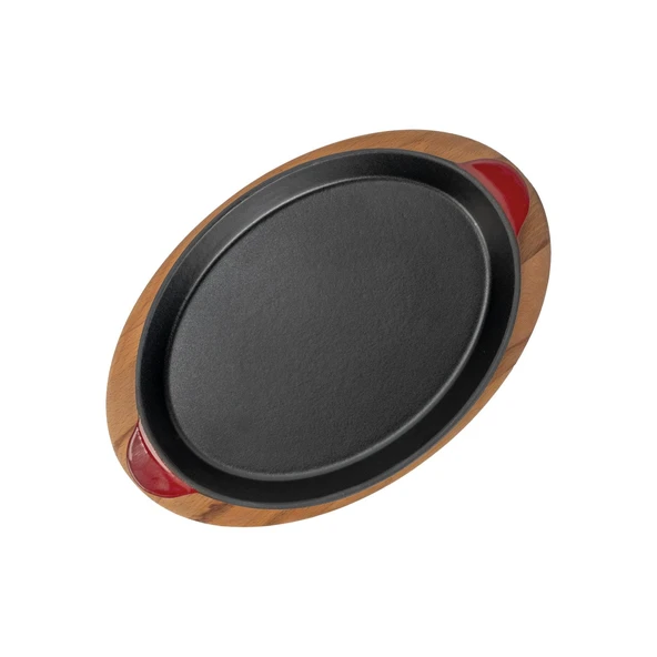 Lava Döküm Oval Fajita Tabağı Döküm Demir Yekpare Çift Kulplu Kayın Servis Ahşabı Ölçü 18x24cm.-Bordo - Resim 3