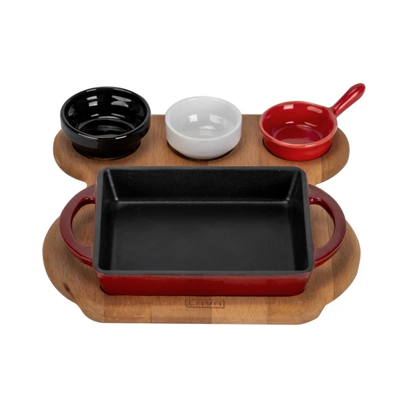 Lava Döküm Dikdörtgen Sahan Döküm Demir Yekpare Çift Kulplu Kayın Servis Ahşabı Ölçü 12x15cm. (Sos kapları dahil değildir.)-Bordo ürün görseli 1