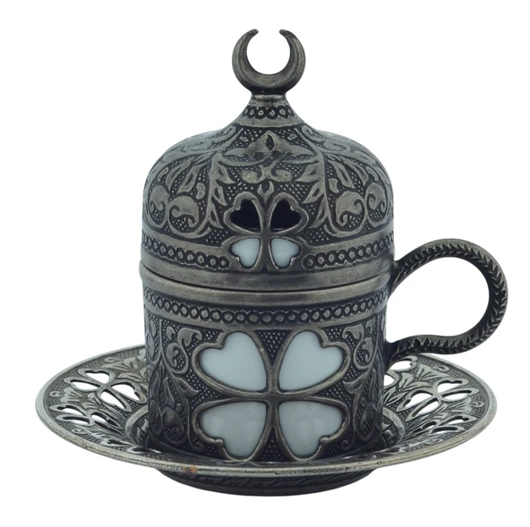 Yonca Desenli 6 Kişilik Porselenli Kapaklı 24 Parça Kalay Renk Fincan Seti - 5