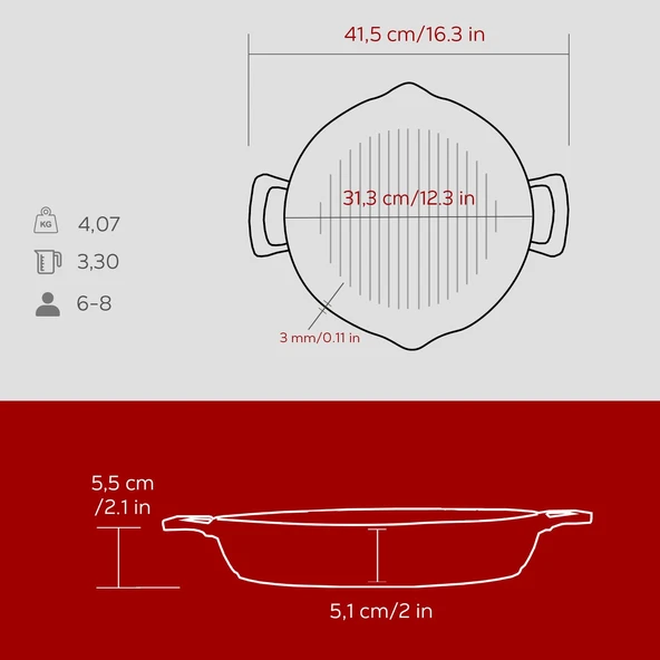 Lava Döküm Yuvarlak Izgara Tavası Döküm Demir Yekpare Çift Kulplu Çap(Ø)32cm.-Bordo - Resim 5