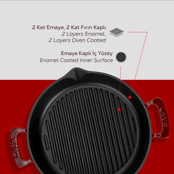 Lava Döküm Yuvarlak Izgara Tavası Döküm Demir Yekpare Çift Kulplu Çap(Ø)32cm.-Bordo - Resim 6