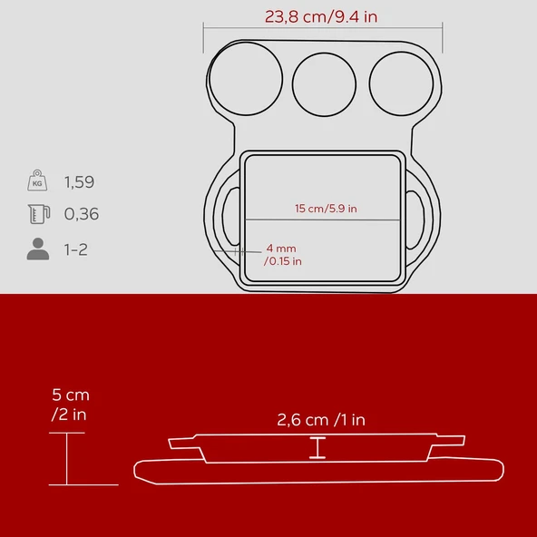 Lava Döküm Dikdörtgen Sahan Döküm Demir Yekpare Çift Kulplu Kayın Servis Ahşabı Ölçü 12x15cm. (Sos kapları dahil değildir.)-Bordo - Resim 5