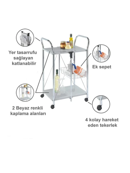 Katlanabilir Tekerlekli Metal Raflı Servis Arabası – Beyaz - 5
