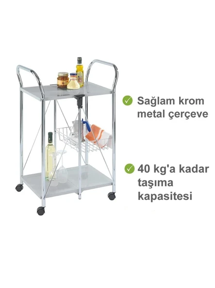 Katlanabilir Tekerlekli Metal Raflı Servis Arabası – Beyaz - 6