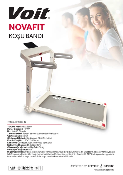 Voit Novafit Koşu Bandı Bluetooth Uygulamalı Hoparlörlü Tutma Kolu Katlanabilir 46cm Geniş Bant Hem yatay hem dikey katlanabilir - 15km Hız - 4