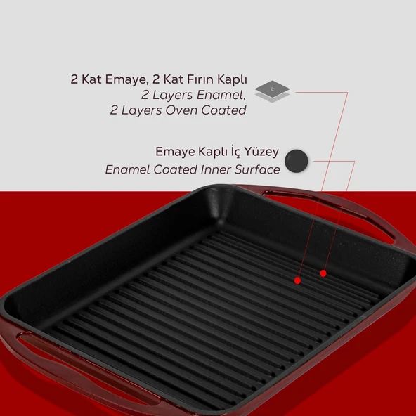 Lava Döküm Dikdörtgen Izgara Tavası Döküm Demir Yekpare Çift Kulplu Ölçü 26x32cm.-Bordo - Resim 6