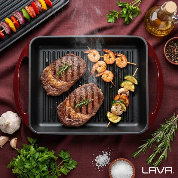 Lava Döküm Dikdörtgen Izgara Tavası Döküm Demir Yekpare Çift Kulplu Ölçü 26x32cm.-Bordo - Resim 7