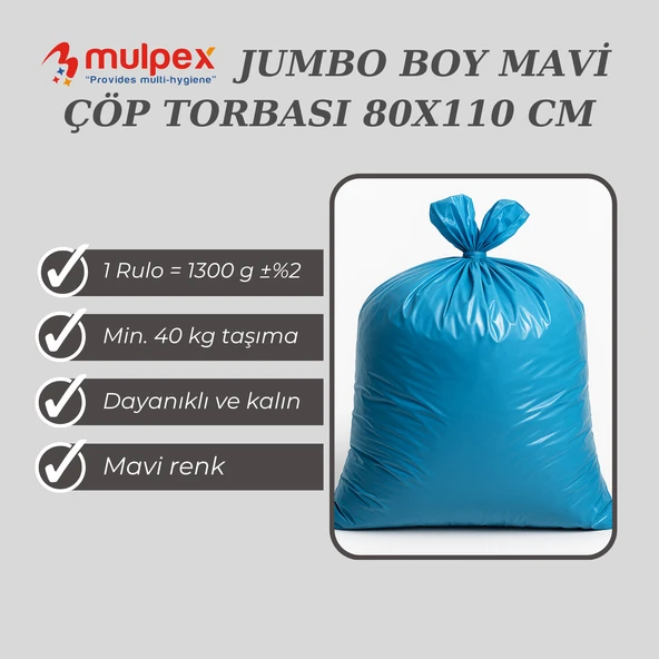 Mulpex Jumbo Boy Mavi Çöp Torbası 80x110 cm – 10 Rulo (13 kg ±%2) Dayanıklı ve Kalın, Ağır Hizmet Geri Dönüşüm - Resim 2