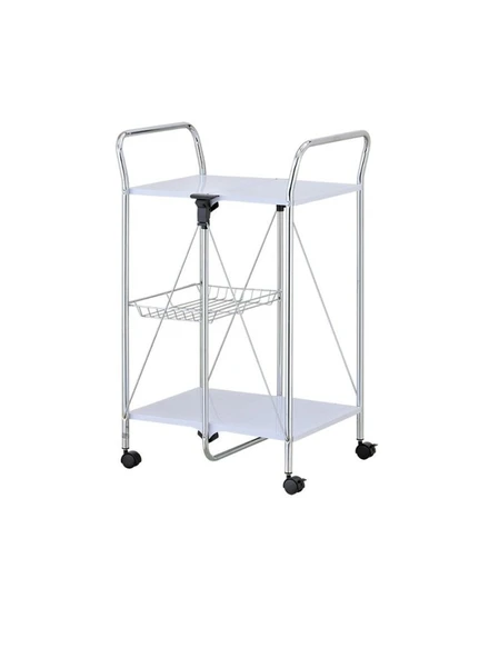 Katlanabilir Tekerlekli Metal Raflı Servis Arabası – Beyaz - 2