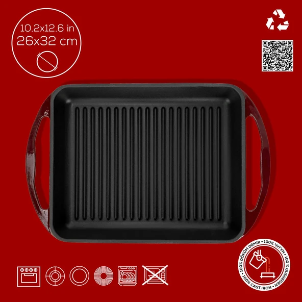 Lava Döküm Dikdörtgen Izgara Tavası Döküm Demir Yekpare Çift Kulplu Ölçü 26x32cm.-Bordo - Resim 4