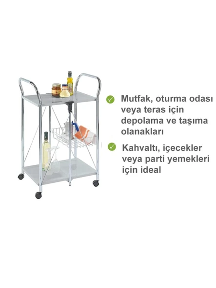 Katlanabilir Tekerlekli Metal Raflı Servis Arabası – Beyaz - 4
