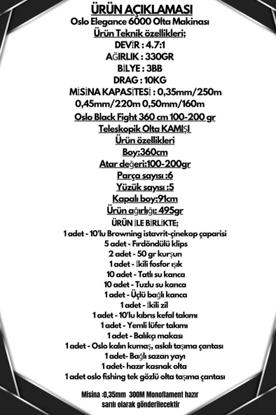 Oslo Elegance 6000 Oslo Black Fight 360cm 100-200gr Göl ve Deniz Olta Seti - Resim 2