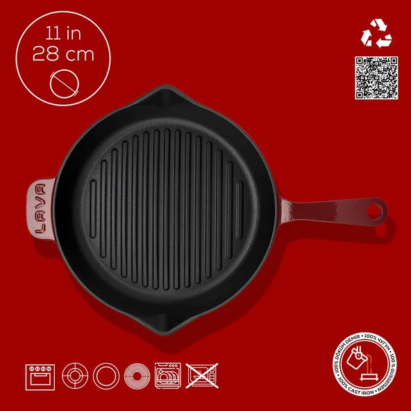 Lava Döküm Yuvarlak Izgara Tava Döküm Demir Yekpare Saplı Konkav Taban 12mm. Çap(Ø)28cm.-Bordo - Resim 4
