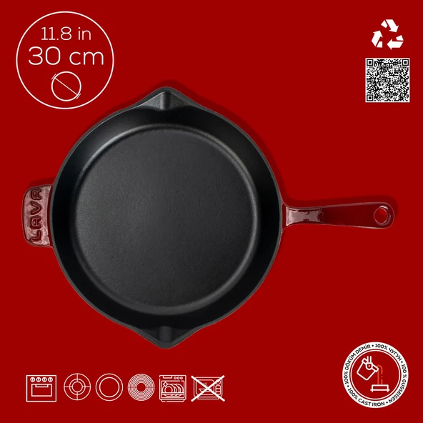 Lava Döküm Yuvarlak Kızartma Tavası Döküm Demir Yekpare Saplı. Çap(Ø)30cm-Bordo - Resim 4