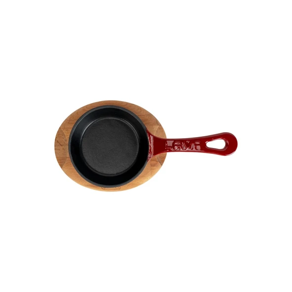 Lava Döküm Yuvarlak Kızartma Tavası Yekpare Saplı Kayın Servis Ahşabı. Çap(Ø)12cm.-Bordo - Resim 3