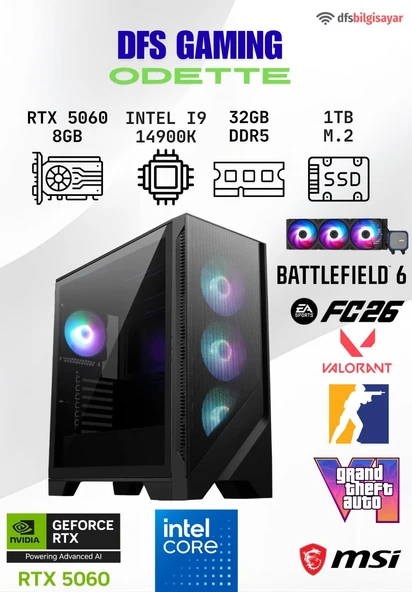 DFS GAMING ODETTE INTEL I9 14900K-B760M WIFI-RTX 5060-32GB DDR5 RAM-1TB M.2 SSD-OYUNCU BİLGİSAYARI ürün görseli