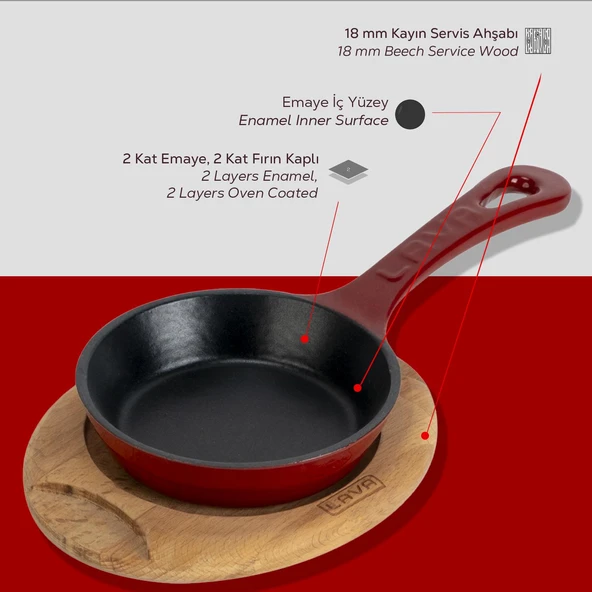 Lava Döküm Yuvarlak Kızartma Tavası Yekpare Saplı Kayın Servis Ahşabı. Çap(Ø)12cm.-Bordo - Resim 6