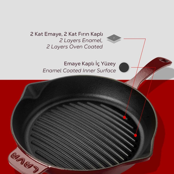Lava Döküm Yuvarlak Izgara Tava Döküm Demir Yekpare Saplı Konkav Taban 12mm. Çap(Ø)28cm.-Bordo - Resim 6
