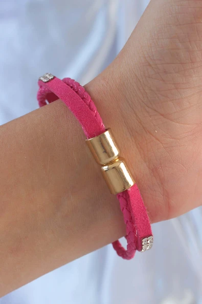 Pembe Renk Zirkon Taşlı Deri Çoklu Bileklik - TJ-BB6352 - Resim 2