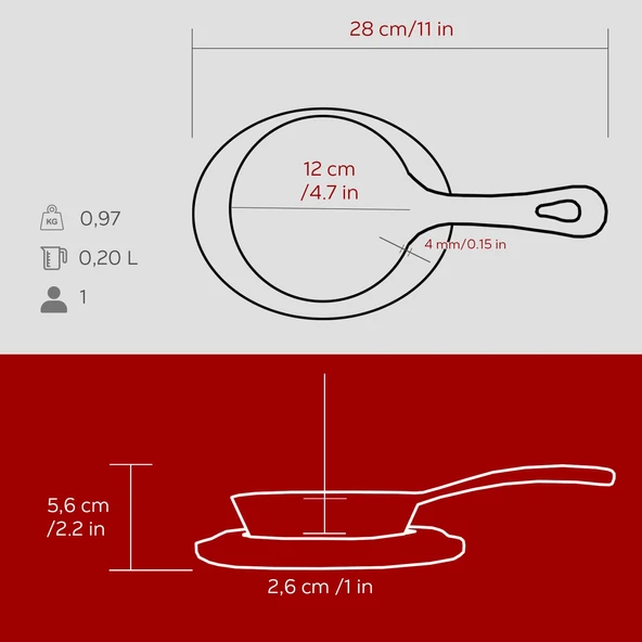 Lava Döküm Yuvarlak Kızartma Tavası Yekpare Saplı Kayın Servis Ahşabı. Çap(Ø)12cm.-Bordo - Resim 5