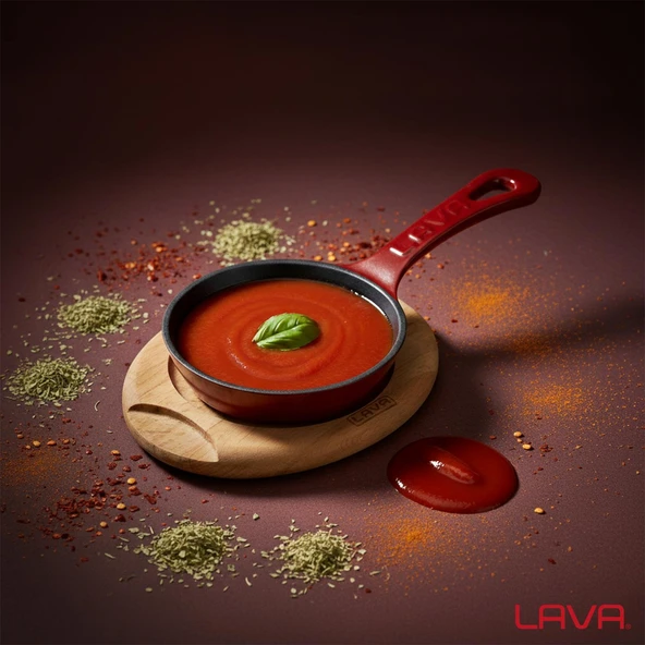 Lava Döküm Yuvarlak Kızartma Tavası Yekpare Saplı Kayın Servis Ahşabı. Çap(Ø)12cm.-Bordo - Resim 7