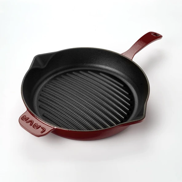 Lava Döküm Yuvarlak Izgara Tava Döküm Demir Yekpare Saplı Konkav Taban 12mm. Çap(Ø)28cm.-Bordo - Resim 2