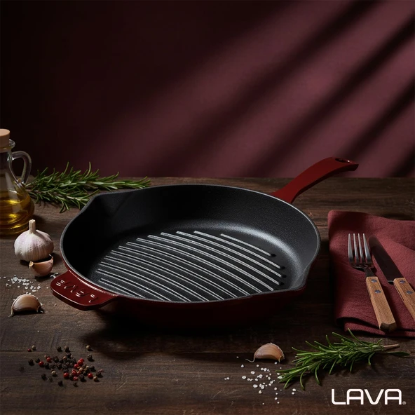 Lava Döküm Yuvarlak Izgara Tava Döküm Demir Yekpare Saplı Konkav Taban 12mm. Çap(Ø)28cm.-Bordo - Resim 7