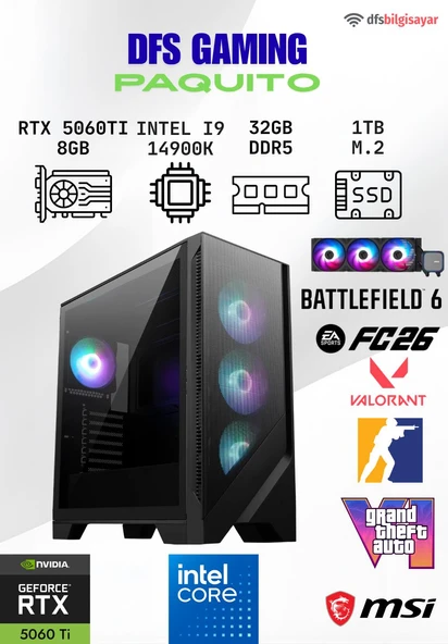 DFS GAMING PAQUITO INTEL I9 14900K-B760M WIFI-RTX 5060 TI 8GB-32GB DDR5 RAM-1TB M.2 SSD-OYUNCU BİLGİSAYARI ürün görseli